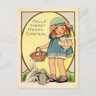 Cartão Postal De Festividades Vintage Girl with Easter Bunnies & Eggs Páscoa