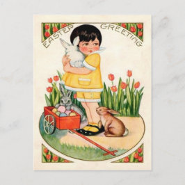 Cartão Postal De Festividades Vintage Girl with Easter Bunnies & Eggs Páscoa