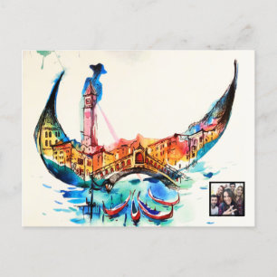 Cartão Postal De Festividades Vintage Gondola Venice City Viagem Love Watercolor