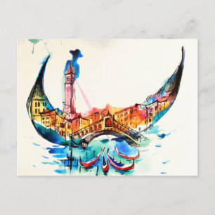 Cartão Postal De Festividades Vintage Gondola Venice City Viagem Love Watercolor