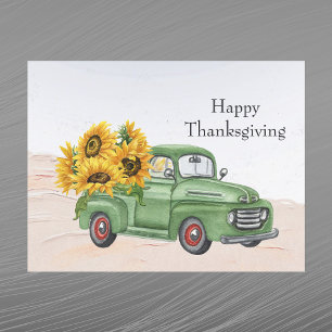 Cartão Postal De Festividades Vintage Green Truck Sunflower Ação de Graças