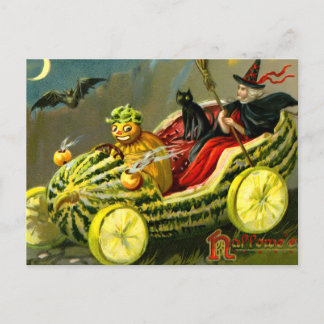 Cartão Postal De Festividades Vintage Halloween Black Cat and Witness