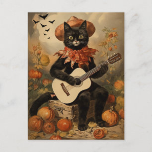 Cartão Postal De Festividades Vintage Halloween Black Cat Tocando Violão