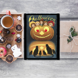 Cartão Postal De Festividades Vintage Halloween Crianças Escondendo-Se Por Trás