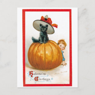 Cartão Postal De Festividades Vintage Halloween Saudando Gato Negro