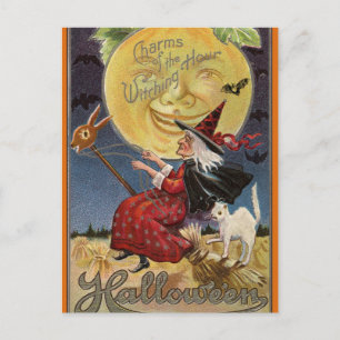 Cartão Postal De Festividades Vintage Halloween Witch em uma vassoura