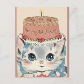 Cartão Postal De Festividades Vintage Happy Birthday Kitten Com Bolo