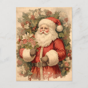 Cartão Postal De Festividades Vintage Happy Santa Clause com Holly deixa arte