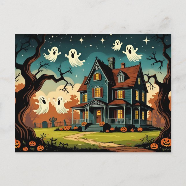 Cartão Postal De Festividades Vintage Haunted Halloween House (Frente)