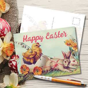 Cartão Postal De Festividades Vintage Hen e Carruagem Bunny