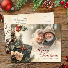 Cartão Postal De Festividades Vintage Holly Berries Beige Foto de Natal