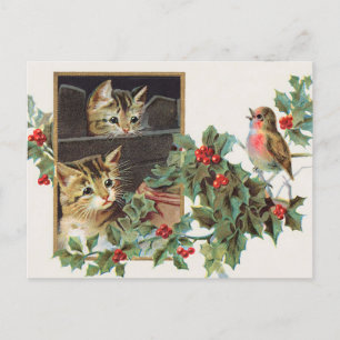 Cartão Postal De Festividades Vintage Holly cats e natal