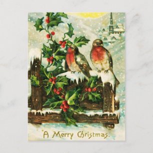 Cartão Postal De Festividades Vintage Holly e pássaros Cartão de Natal
