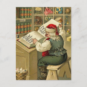 Cartão Postal De Festividades Vintage Illustration Papais noeis com seu Livro V2