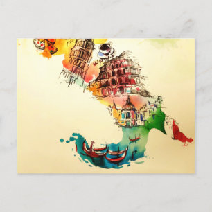 Cartão Postal De Festividades Vintage Itália Map City Viagem Love Watercolor
