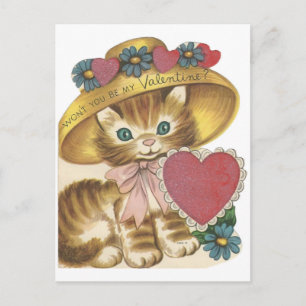 Cartão Postal De Festividades Vintage Kitten In Hat Valentine