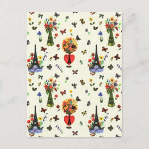 Cartão Postal De Festividades Vintage Love Floral Paris Eiffel Tower Butterfly