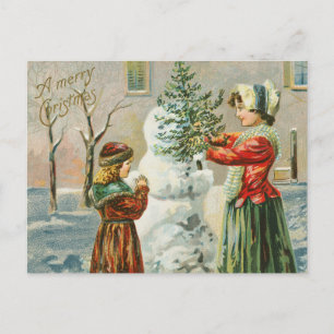 Cartão Postal De Festividades Vintage Mãe e Rapariga Fazer Neve