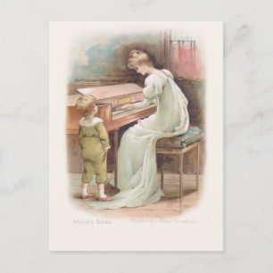 Cartão Postal De Festividades Vintage Mãe Jogando Piano para o Filho