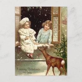 Cartão Postal De Festividades Vintage Meninas alimentando o Natal