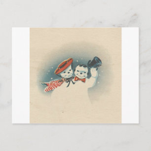 Cartão Postal De Festividades Vintage Merrie Christmas Snowman Casal 3