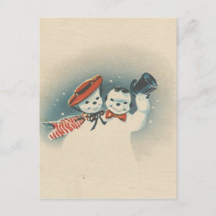 Cartão Postal De Festividades Vintage Merrie Christmas Snowman Casal 3