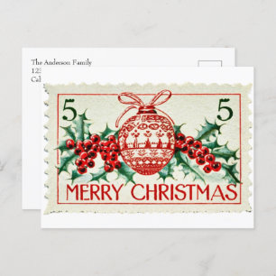Cartão Postal De Festividades Vintage Merry Christmas Postage Stamp
