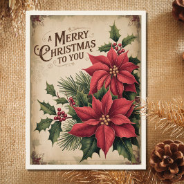 Cartão Postal De Festividades Vintage Merry Christmas Red Poinsettia