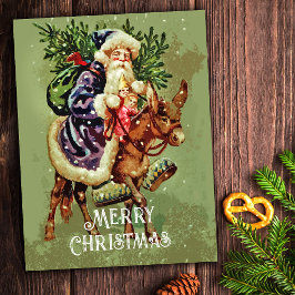 Cartão Postal De Festividades Vintage Padre Natal em Donkey com Brinquedos