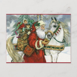 Cartão Postal De Festividades Vintage Papai Noel alimentando seu cavalo branco