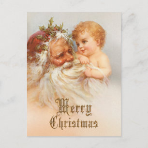 Cartão Postal De Festividades Vintage Papai Noel com Criança Sorridente