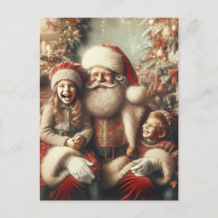 Cartão Postal De Festividades Vintage Papai Noel e Crianças