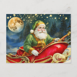 Cartão Postal De Festividades Vintage Papai Noel em Sleigh, Lua Ouro, Estrelas