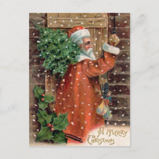 Cartão Postal De Festividades Vintage Papai Noel na veste alaranjada - Natal