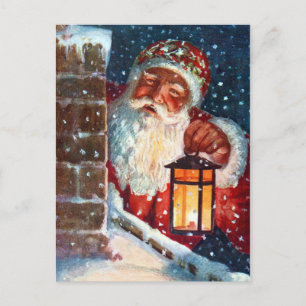 Cartão Postal De Festividades Vintage Papai Noel Natal no Telhado