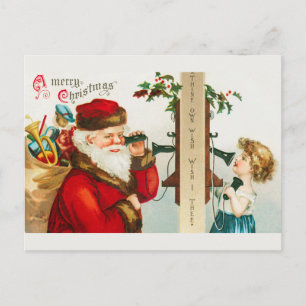 Cartão Postal De Festividades Vintage Papais noeis e garotinha no telefone
