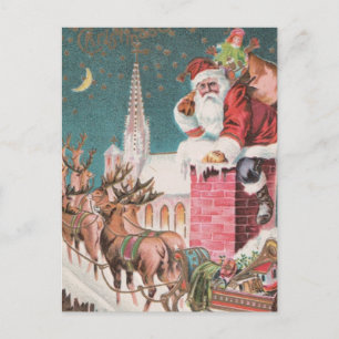 Cartão Postal De Festividades Vintage Papais noeis Sleigh Reindeer Natal