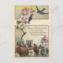 Cartão Postal De Festividades Vintage Páscoa, aves azuis e saudações de ninho