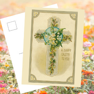 Cartão Postal De Festividades Vintage Páscoa Cristã Religiosa Cruz Floral