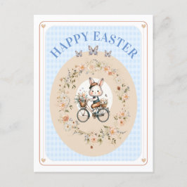Cartão Postal De Festividades Vintage Páscoa Floral Bunny Blue GinghamCheckNONAM