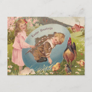 Cartão Postal De Festividades Vintage Páscoa Victorian Girl & Boy