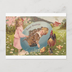 Cartão Postal De Festividades Vintage Páscoa Victorian Girl & Boy