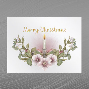 Cartão Postal De Festividades Vintage Pink Floral Candela Aquarela Natal