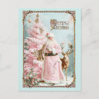 Cartão Postal De Festividades Vintage pink Santa Claus deer tree Christmas card