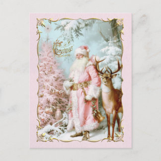 Cartão Postal De Festividades Vintage pink Santa Claus deer tree Christmas card
