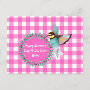 Cartão Postal De Festividades Vintage Pink Watercolor Bird Wife Dia de as mães