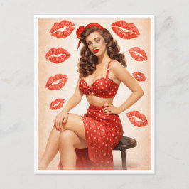 Cartão Postal De Festividades Vintage Polka Dot Pin-Up Postcard – Retro Glam Red