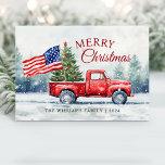 Cartão Postal De Festividades Vintage Red Christmas Truck Bandeira de Natal<br><div class="desc">Vintage caminhão vermelho de Natal com árvore de Natal e cartão de Natal americano é uma forma festiva de mostrar seu amor pela América e enviar desejos de férias para seus amigos e família.</div>