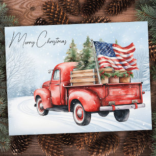 Cartão Postal De Festividades Vintage Red Christmas Truck USA Flag Patriotic