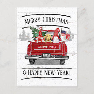 Cartão Postal De Festividades Vintage Red Truck Gnomo Casal Cão Patriótico Xmas